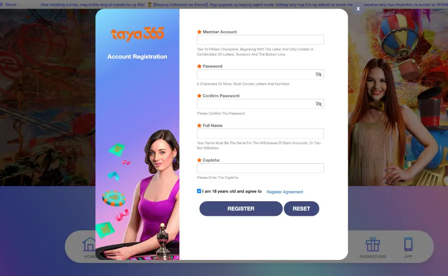Registration at Taya365 Casino